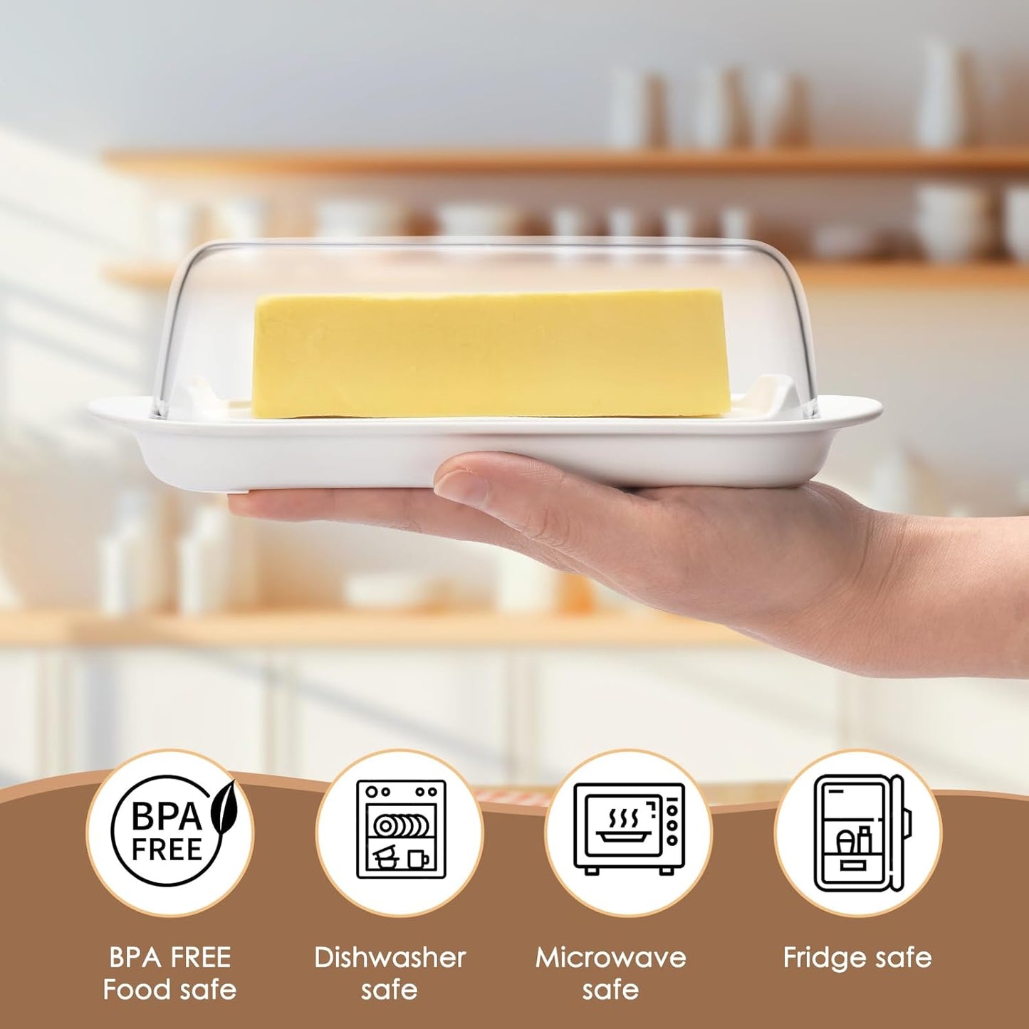Butter Dish with Clear Lid, Butter Keeper, Easy Scoop,Butter Container Holds for East/West Coast Butter, Dishwasher Safe(White)