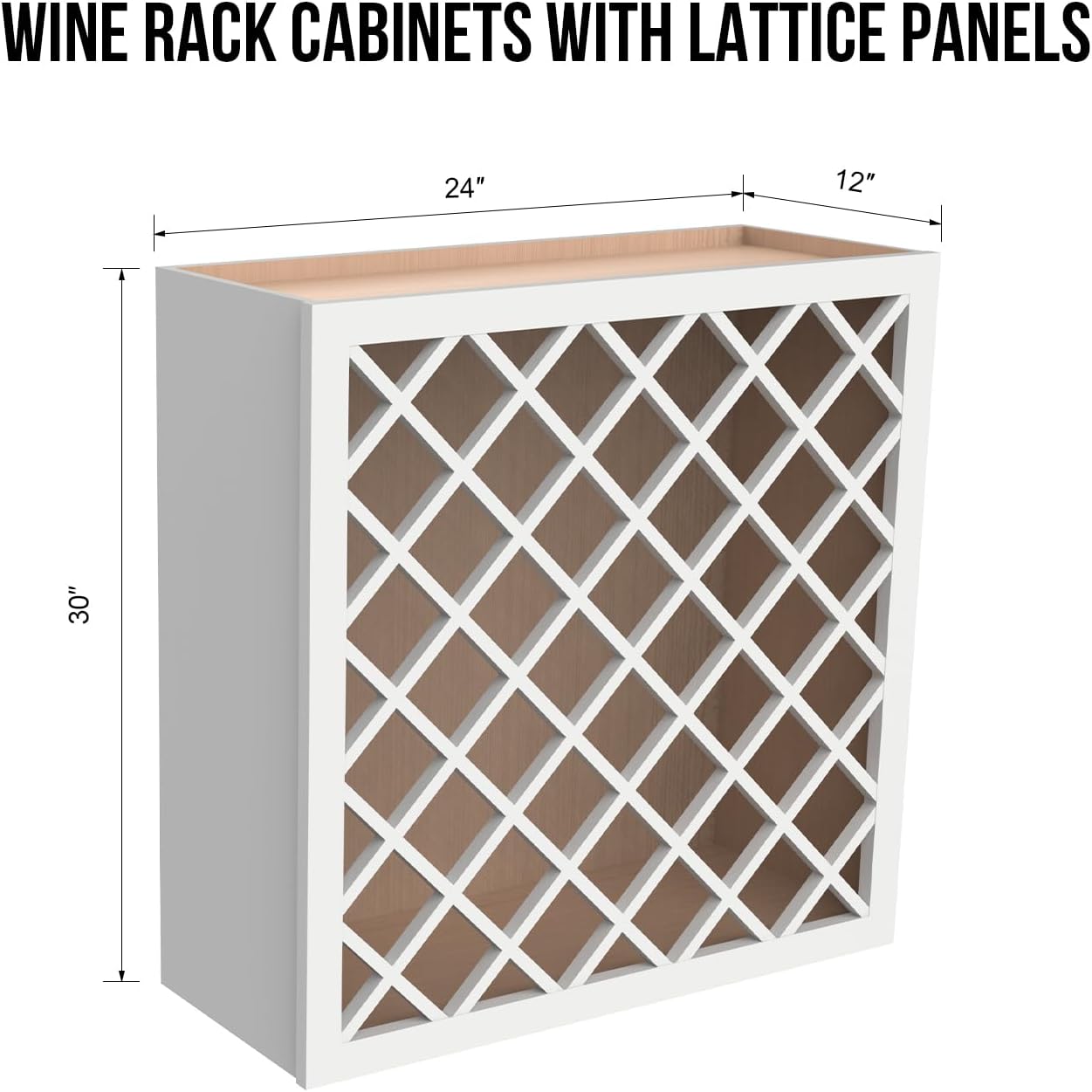 Solid Wood RTA Wine Bottle Rack Wall Cabinet with Lattice Panels - Bottle Holder Storage for Bar, Pantry, or Wine Cellar - Mocha finish Countertop Solution (Origami White, 24”W × 12”D × 30”H)