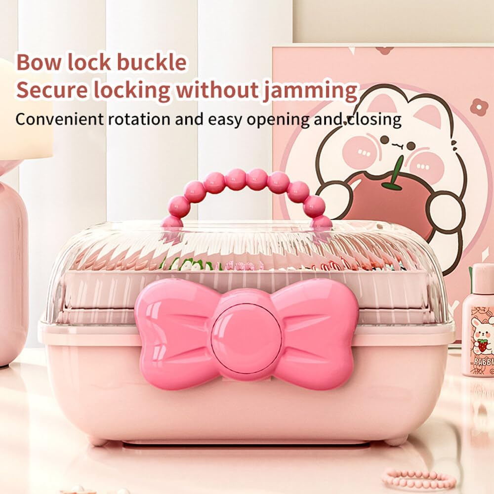 Bow Knot Hair Accessories Organizer Box Cute Dust Proof Childrens Jewelry Storage Box 3 Layers Plastic Storage Box for Hair Clips,Headbands,Hair Bands,Jewelry,Etc