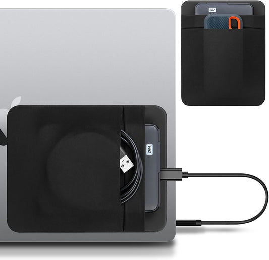 Lacdo Portable External Hard Drive Carrying Case, 2-Pocket Stick on Pouch Holder for Laptop, Fit 2.5" Seagate, WD, Toshiba External HDD, SSD, Wireless Mouse,Cable, Sleeve with Reusable Adhesive, Black
