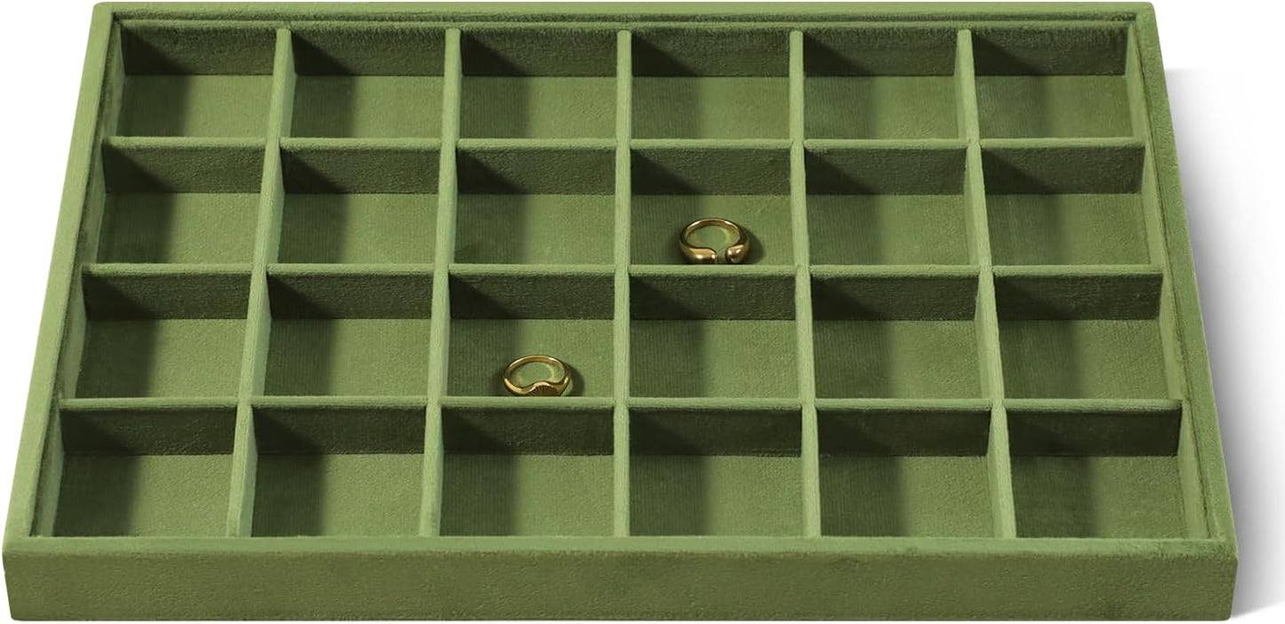 Velvet Stackable Jewelry Display Tray, 24 Grid Earring Ring Storage Tray, Drawer Divider Jewelry Accessories Organizer Plate (Olive Green)