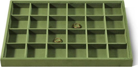 Velvet Stackable Jewelry Display Tray, 24 Grid Earring Ring Storage Tray, Drawer Divider Jewelry Accessories Organizer Plate (Olive Green)
