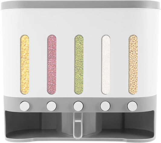 5 Grids Dry Food Dispenser, Wall mounted Rice Storage Dispenser Cereal Dispenser Countertop Kitchen Organization Container 38Lbs Sealed Storage Tank with Measuring Cup for Home Kitchen