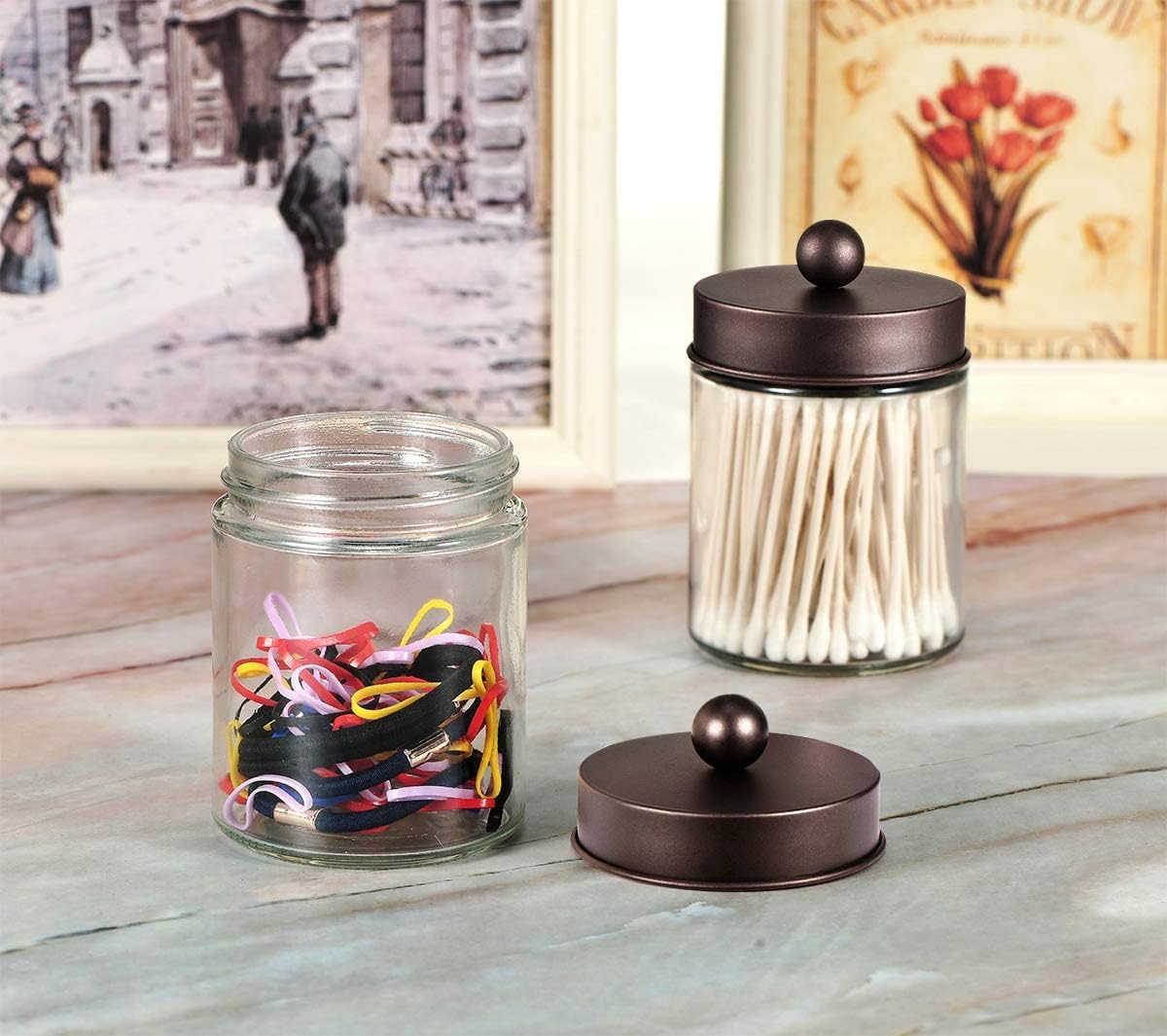 Amolliar Apothecary Jars Bathroom Storage Organizer - Cute Qtip Dispenser Holder Vanity Canister Jar Glass with Lid for Cotton Swabs,Rounds,Bath Salts,Makeup Sponges,Hair Accessories/Bronze (2 Pack)