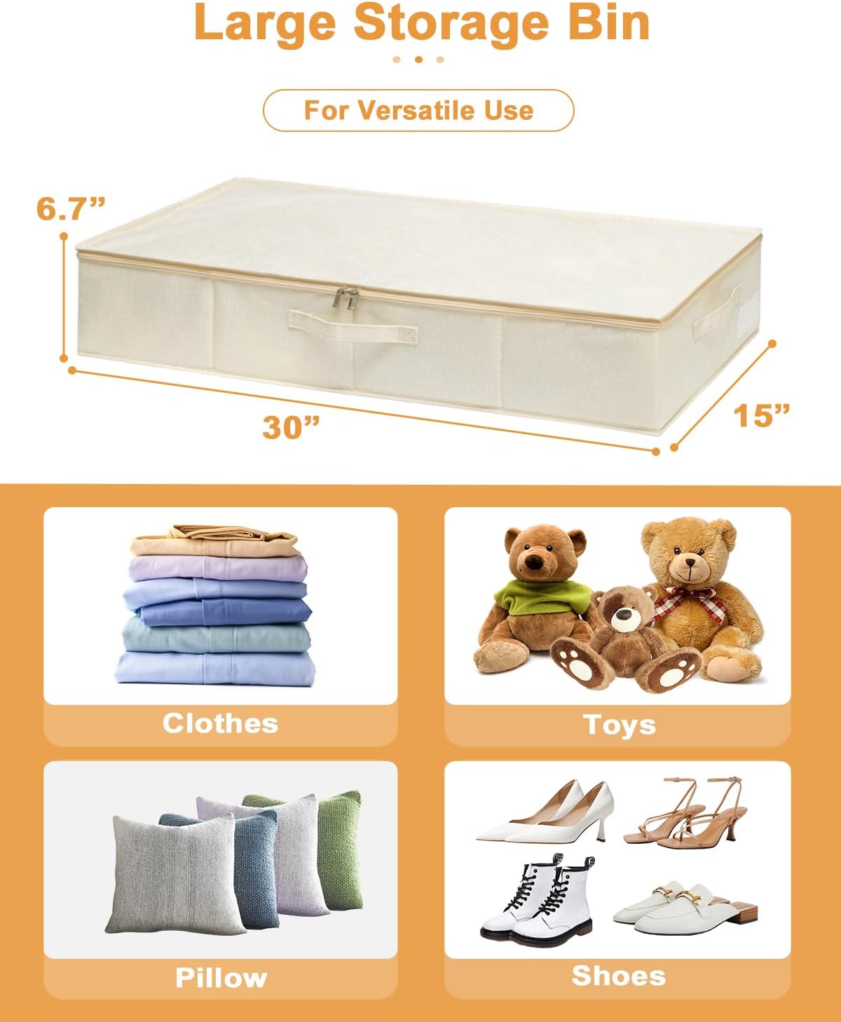 punemi Underbed Storage, 3 Pack Clothing Storage Bags W/Sturdy Handles, Large Capacity Underbed Shoe Container Organizer, Dorm Essentials Bins for Blankets, Pillows, Comforters & Quilts, Beige, 50L