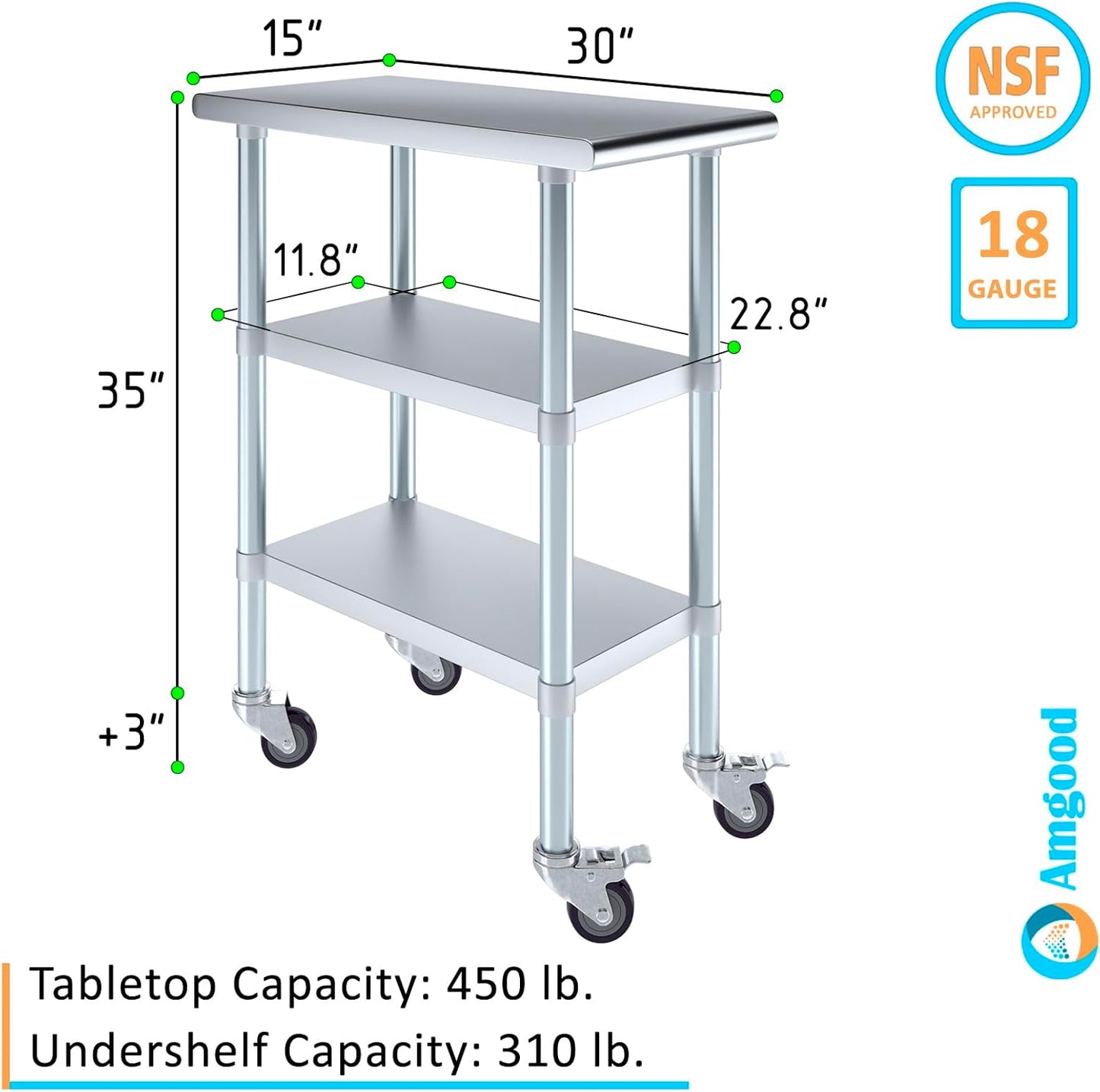 AmGood Stainless Steel Work Table with 2 Shelves and Casters | Metal Utility Table On Wheels (Stainless Steel Work Table with 2 Shelves + Casters, 15" Long x 30" Deep)