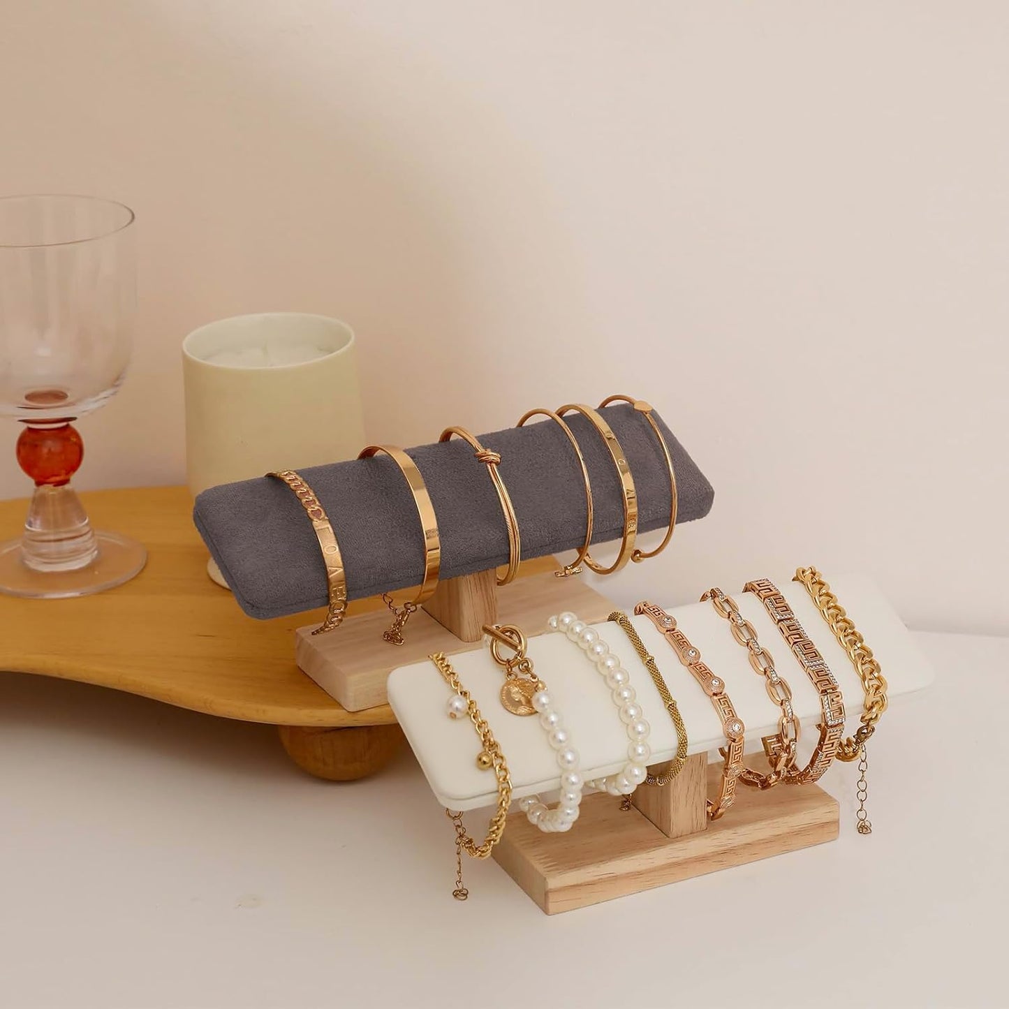 Wooden Watches Display tower Base Watch Necklace Bracelet Organizer Rack Bangle Scrunchie Headband Showcase tower (Dark Grey Suede, Flat single-layer)
