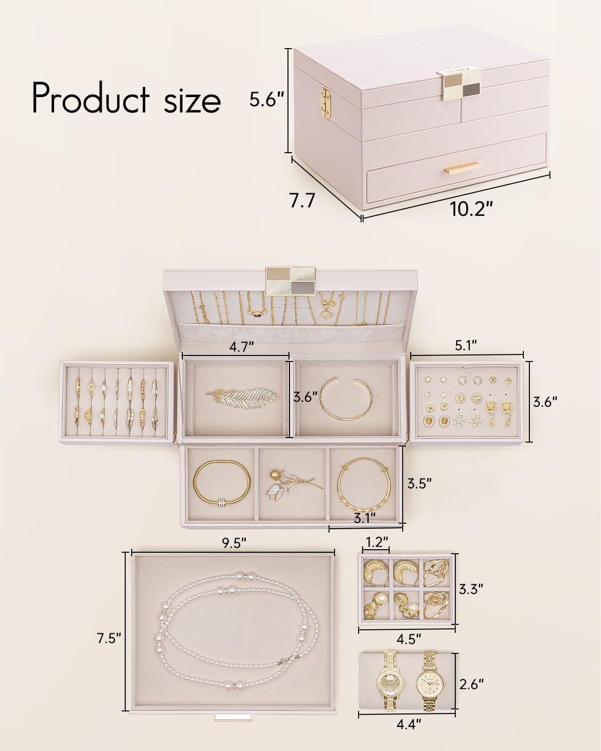 Vlando 3 Layer Jewelry Box - Women Jewelry Box with Retractable Tray - Jewelry Organizers with Drawer for Necklaces, Rings, Bracelets, Earrings, Gift for Couples Mom Girls - Pink
