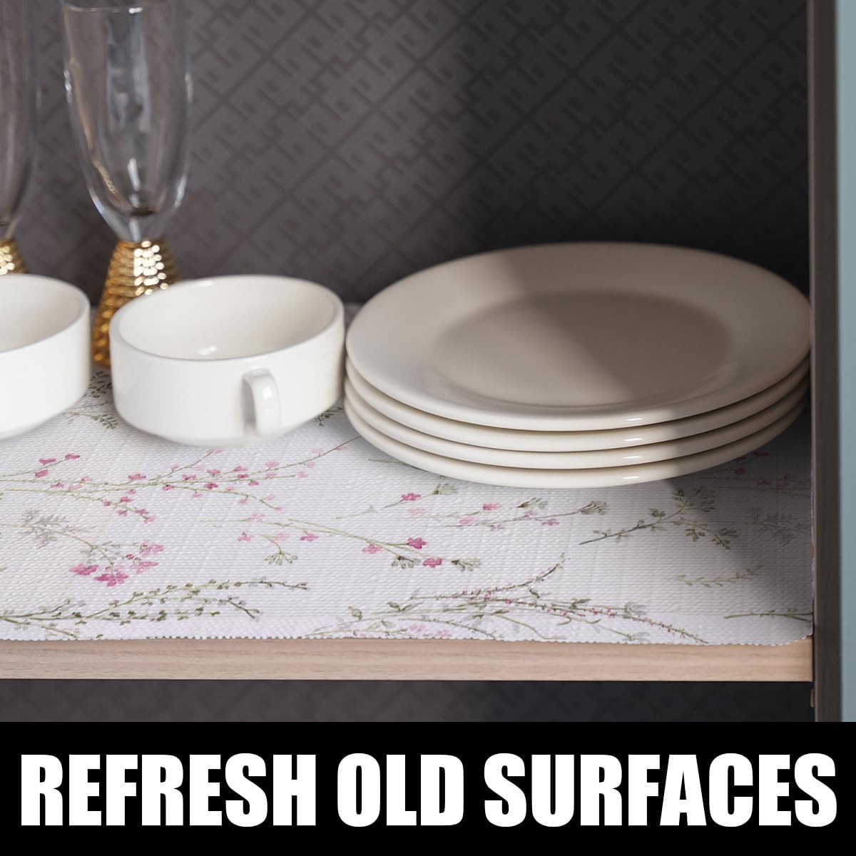Floral Drawer and Shelf Liner for Cabinets 16IN x 10FT, Non-Adhesive and Strong Non-Slip Flower Shelf Cabinet Drawer Liners for Kitchen,Table,Bookshelves,Waterproof Cupboard Liner