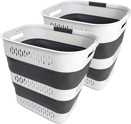 SAMMART 40L (10.5 Gallon) Collapsible Plastic Laundry Basket with Handles - Foldable Pop Up Storage Container/Organizer - Portable Laundry Hamper - Space Saving (2, White/Steel Grey)