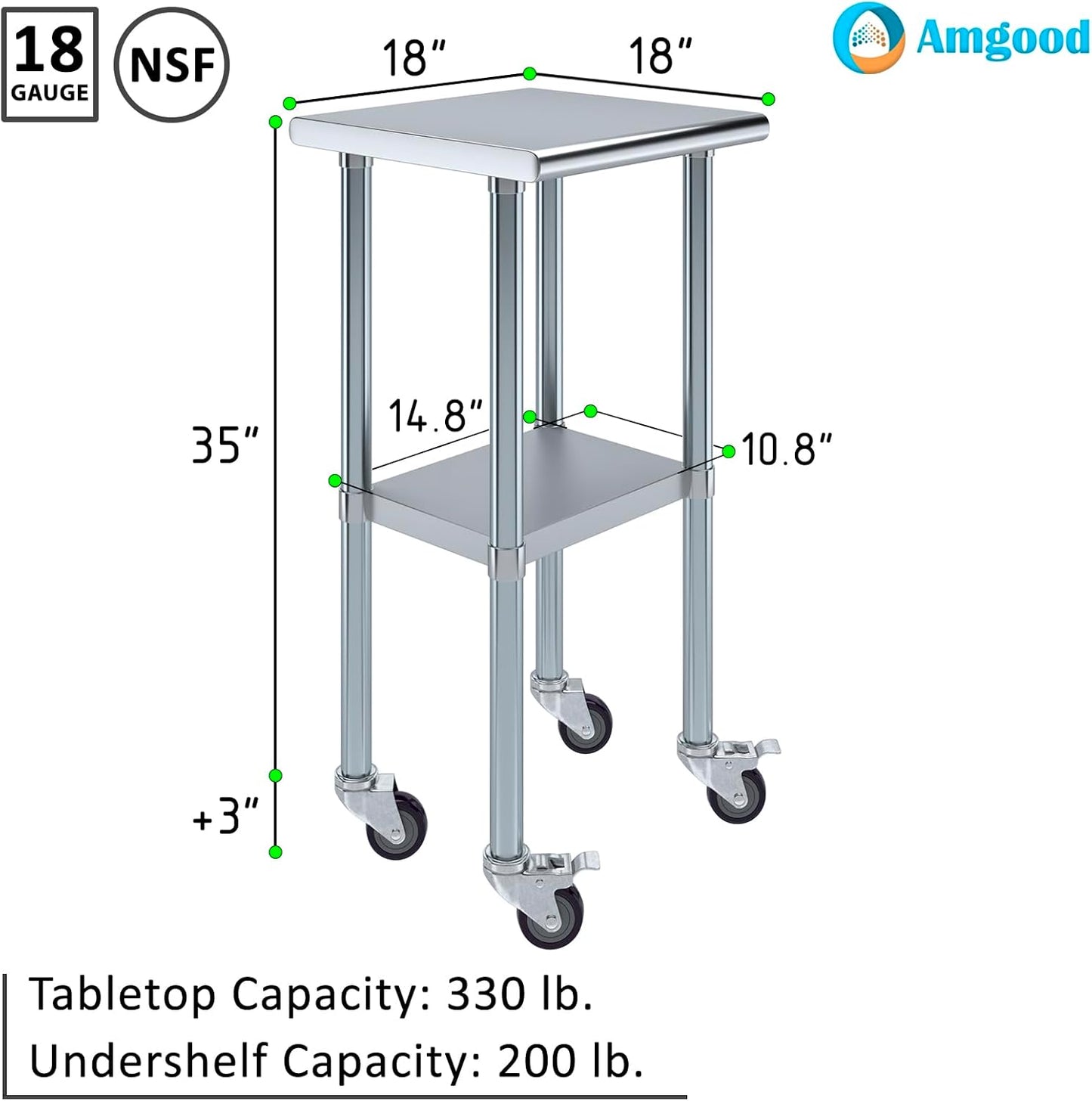 AmGood 18" x 18" Stainless Steel Work Table with Casters | Heavy Duty Metal Utility Table On Wheels | Kitchen Island Cart