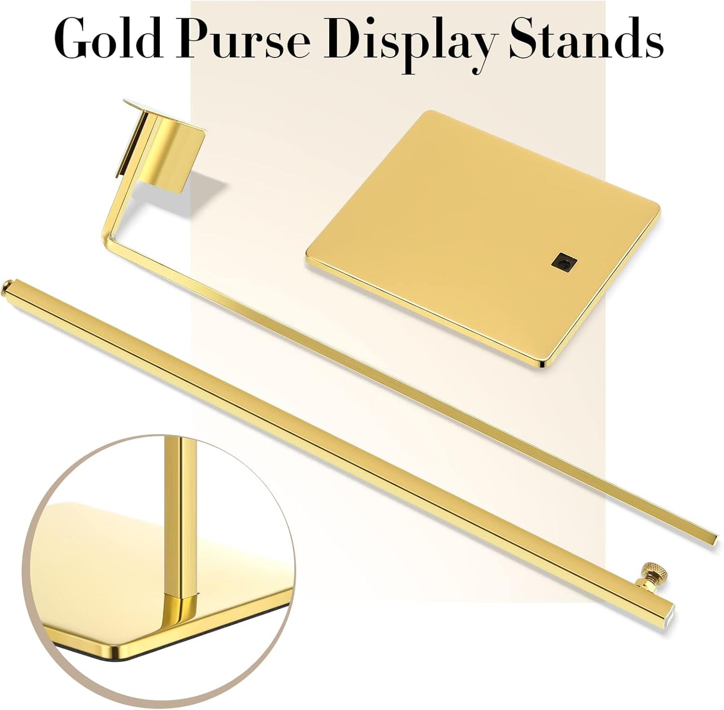 Maitys 8 Pack Gold Purse Display Stands Stainless Steel Adjustable Height Bags Display Rack Metal Handbag Holder Set for Home Store Boutique Counter Retail Floor Props Shelves