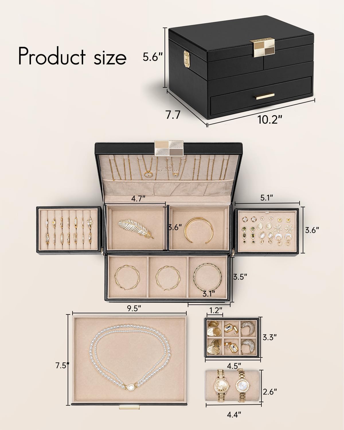 Vlando 3 Layer Jewelry Box - Women Jewelry Box with Retractable Tray - Jewelry Organizers with Drawer for Necklaces, Rings, Bracelets, Earrings, Gift for Couples Mom Girls - Black
