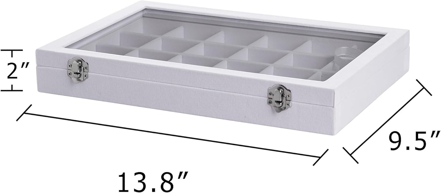 Frebeauty Jewelry Organizer Tray with Clear Lid 24 Grid Velvet Drawer Insert Jewelry Storage box with Transparent Glass lid Jewelry Display Case with Lock Gifts for Girls Women (White, 24 Grid)