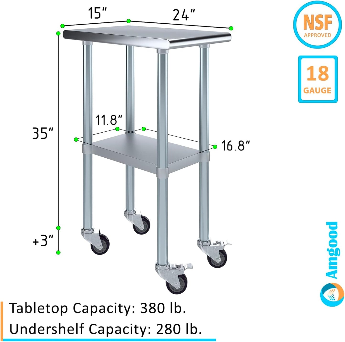 AmGood 15" Long x 24" Deep Stainless Steel Table with Casters