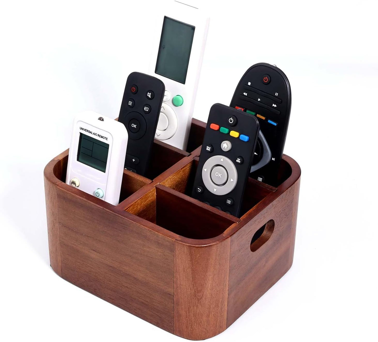 LYNG Acacia Wood Remote Control Holder Caddy, Solid Wood Organizer with 4 Adjustable Dividers & Handle, Remote Organizer for Coffee Table & Living Room