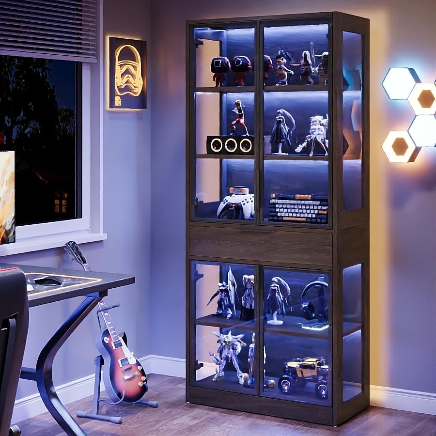 Tribesigns 71-inch Tall Display Cabinet with Doors, 5-Tier Curio Cabinet for Collectibles with LED Lights and Drawer, Display Case Bookcase with Shelves for Bedroom, Living Room, Office, Black