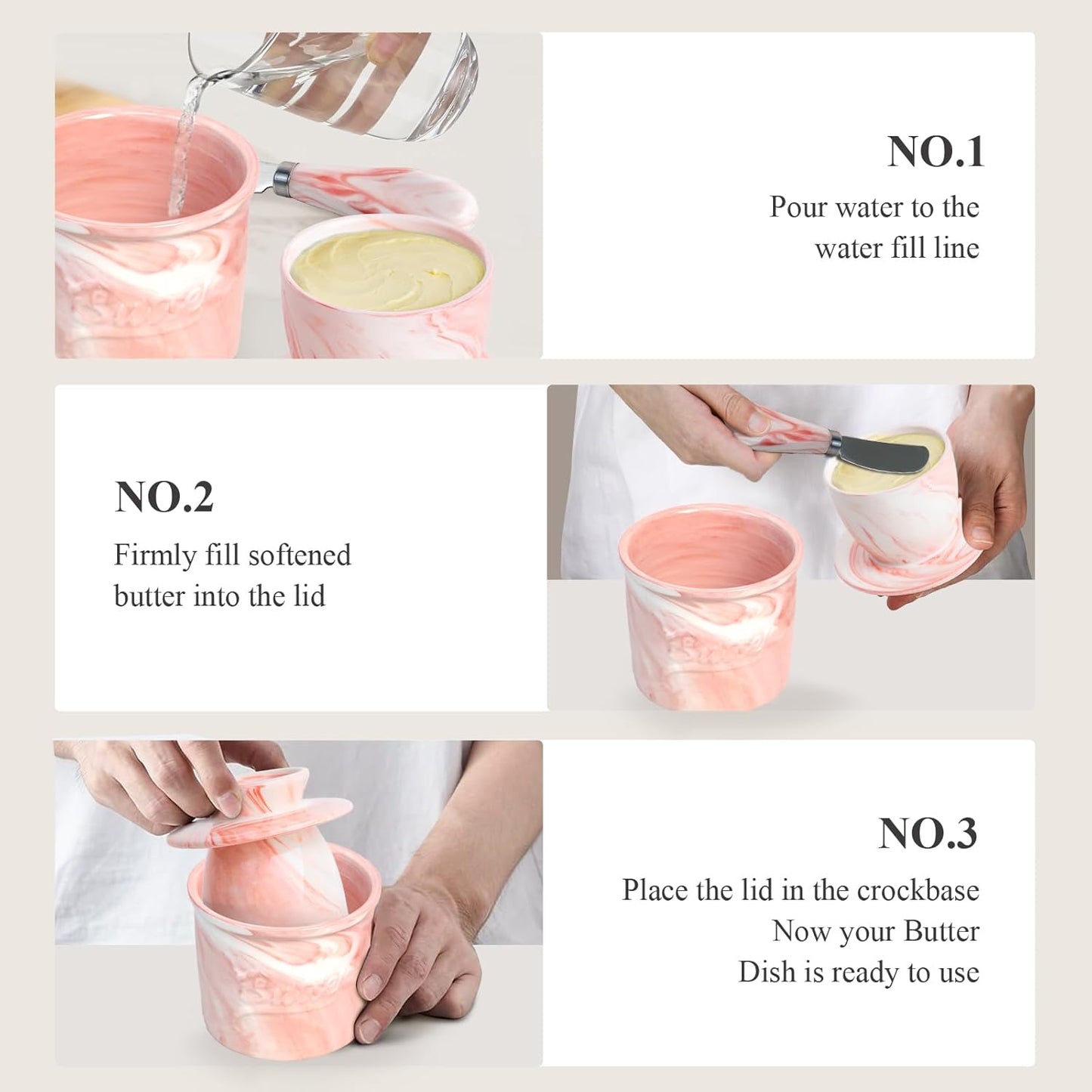 Ceramic Butter Crock with Lid & Spreader Knife, Butter Keeper - Ideal Butter Storage & Countertop Butter Dish (Marble Pink with Marble Pink Knife, M)