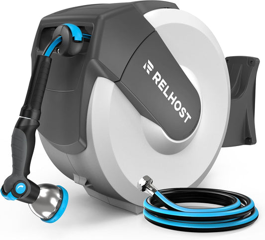 Retractable Garden Hose Reel 120 ft x 1/2 in, Heavy Duty Hose Reel Wall Mount with Any Length Lock, Auto Rewind System, 180° Swivel Bracket, 10-Pattern Garden Hose Nozzle, White & Grey