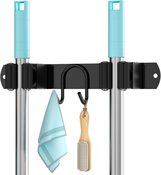 Broom Holder Wall Mount, Stainless Steel Mop and Broom Organizer, Broom Hanger with 2 Slots 2 Hooks for Home Kitchen, Garage, Garden and Laundry Room, Black