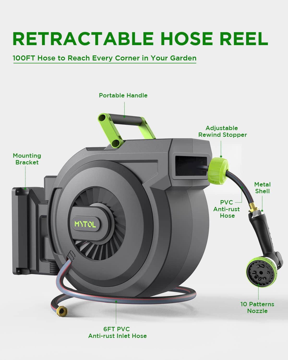 Retractable Garden Hose Reel, 1/2 Inch x 100 ft + 6 ft Wall Mount Hose Reel with Automatic Slow Rewind System, Any Length Lock, 10 Patterns Hose Nozzle, 180°Swivel Bracket, for Garden Watering