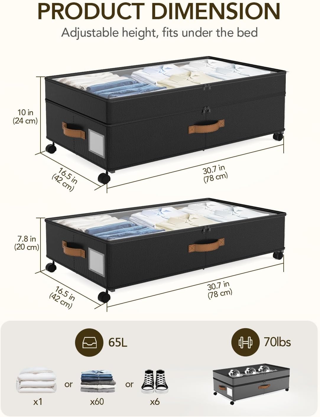 4 Pack Under Bed Storage with Wheels, Adjustable Height Storage Containers, 10 inches Large Capacity Rolling Underbed with Lids, Storage Drawers Shoes, Clothes, Blankets, Black