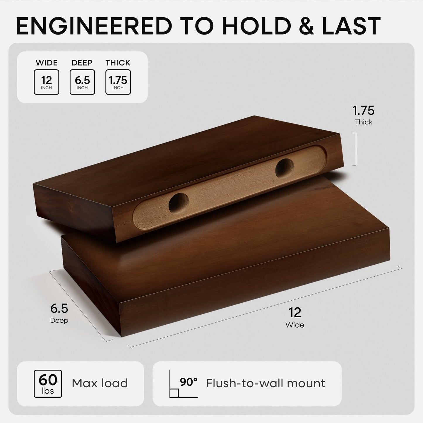 Homeforia Walnut 12 inch Floating Shelf, High End Solid Real Wood Small 12inch Floating Shelves for Wall Mounted, Dark Brown 12in Floating Shelves, Heavy Duty Bracket, 12 X 6.5 X 1.75 inches, Set of 4