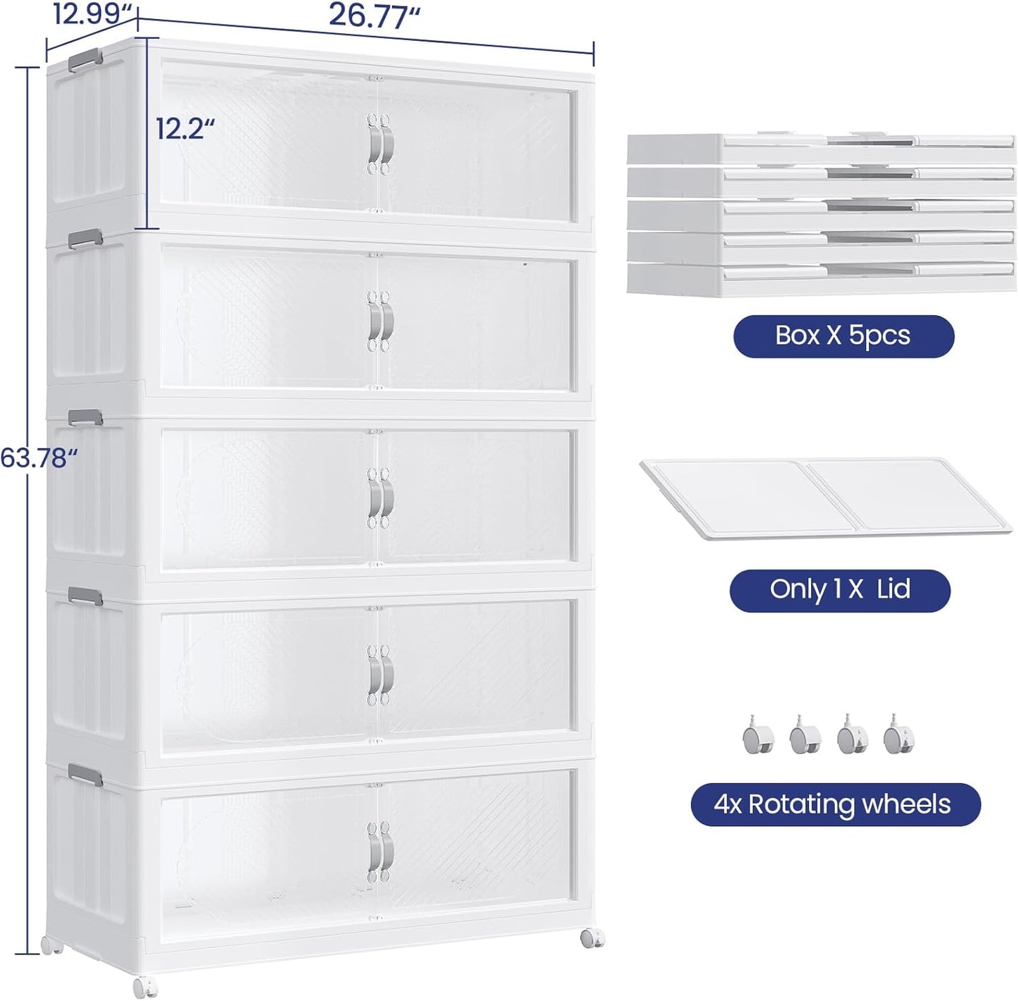 600QT Extra Large Stackable Storage Bins with Lid & Wheels & Doors, 150Gal Foldable Collapsible Closet Organizers, Plastic Cabinet Box Container Drawer for Home Kitchen Bedroom, 5Pack White