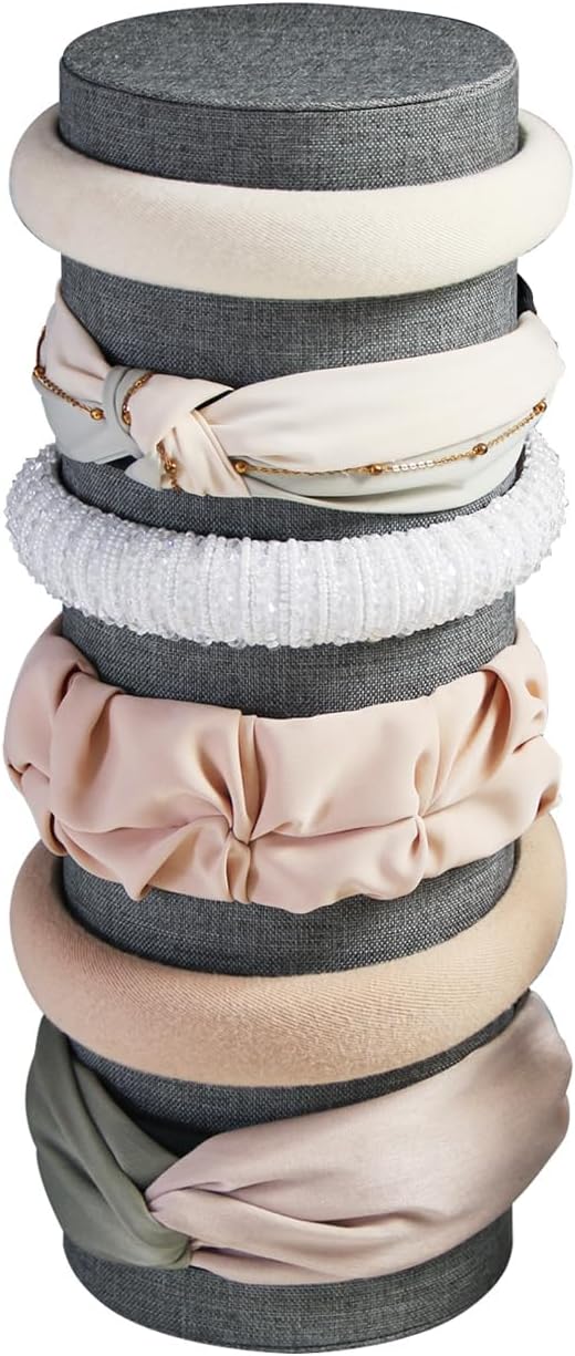 Velvet Headband Holder Organizer, Tower Hair Band Stand Display, Headbands Accessories Jewelry Storage for Girls Bedroom Desk (Gray Linen)