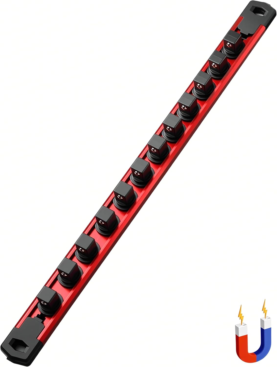 ALOANES 1/2-Inch Drive Magnetic Socket Organizer, Heavy Duty Aluminum Socket Rail Organizer, 360° Swivel Clips Socket Holder Kit for Tool Box, 1/2 Inch Socket Holder x 12 Clips (Red)