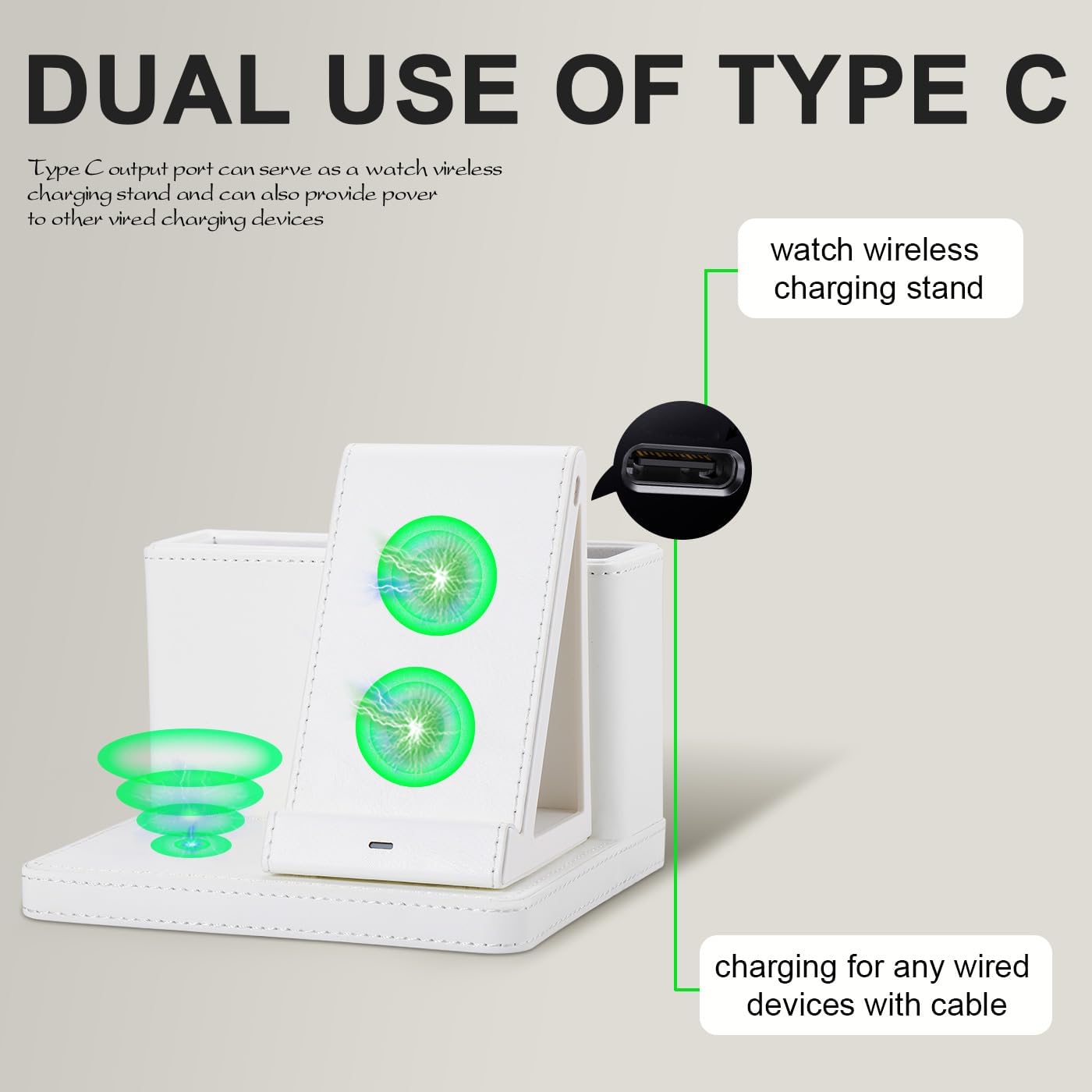 Leather Desk accessories Pen Holder with 3-in-1 Wireless Charger for Phone, Earbuds, Watch Multifunctional Desktop Phone Stand for Office and Home,birthday gifts,gifts for him (white)