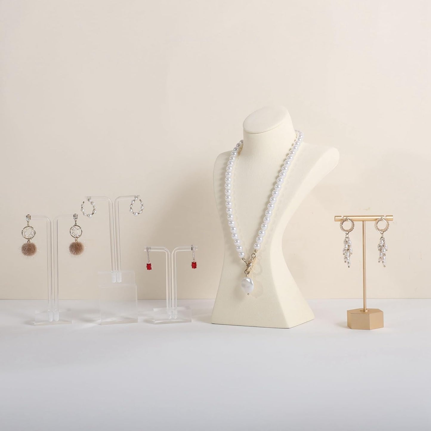 GemeShou Beige necklace storage hanger stand jewelry organizer, Velvet jewelry stand necklace holder, jewelry mannequin bust for necklaces, jewelry bust display stands【Beige-Medium height 9.25 inch】