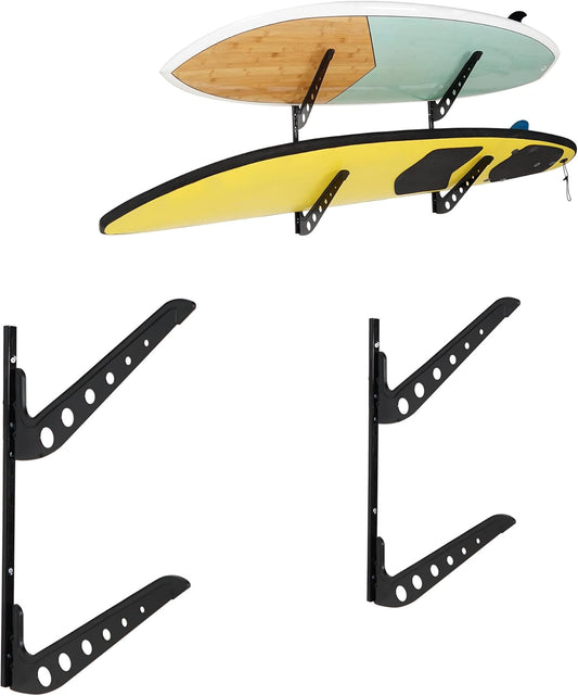 2 Board Surf Rack Wall Mount for Surfboard, Wakeboard, Snowboard Storage Adjustable Wall Hangers Boards Display Black