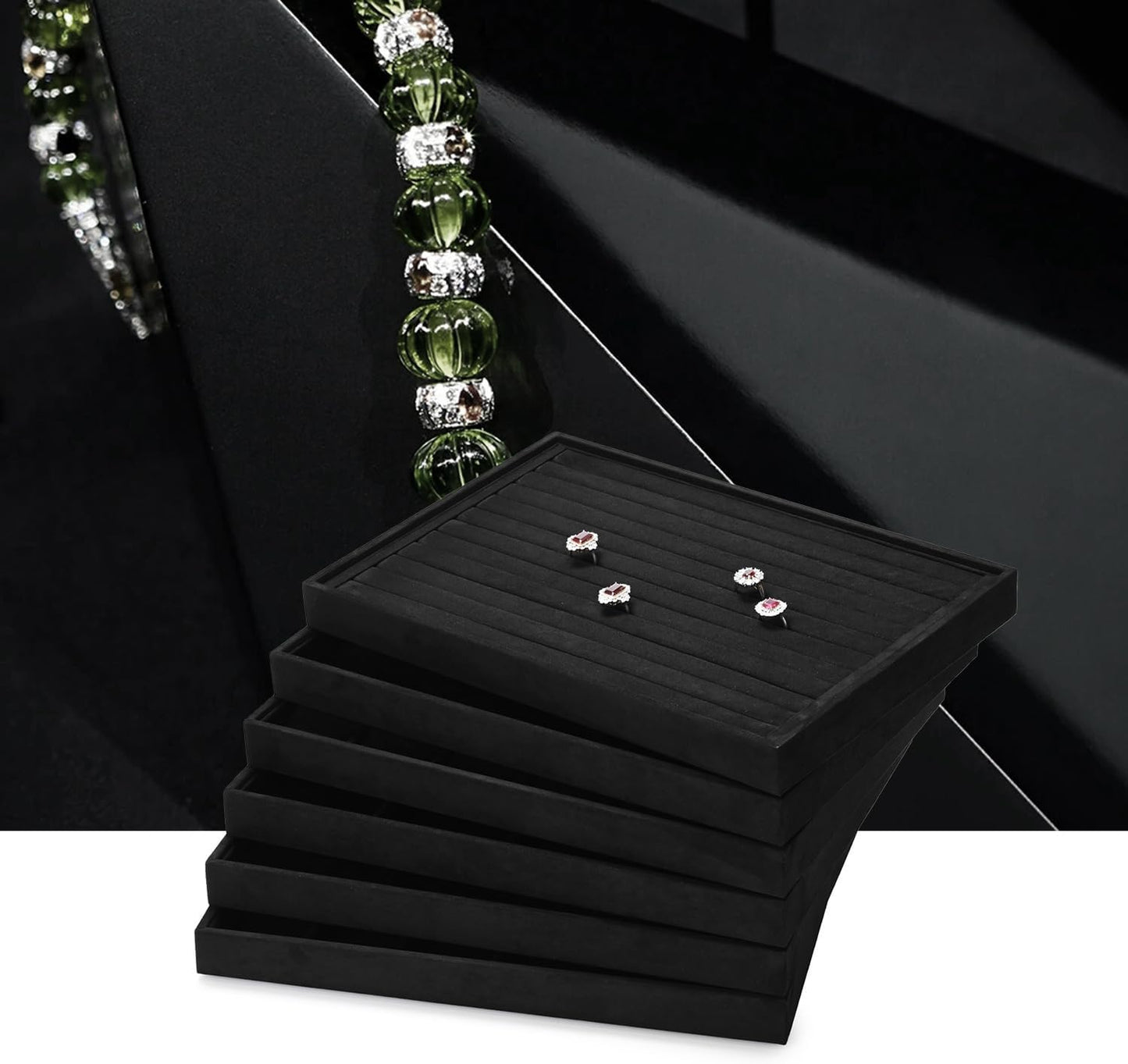 Black Microfiber Jewelry Display Flat Tray Ring Necklace Watch Organizer Display Tray