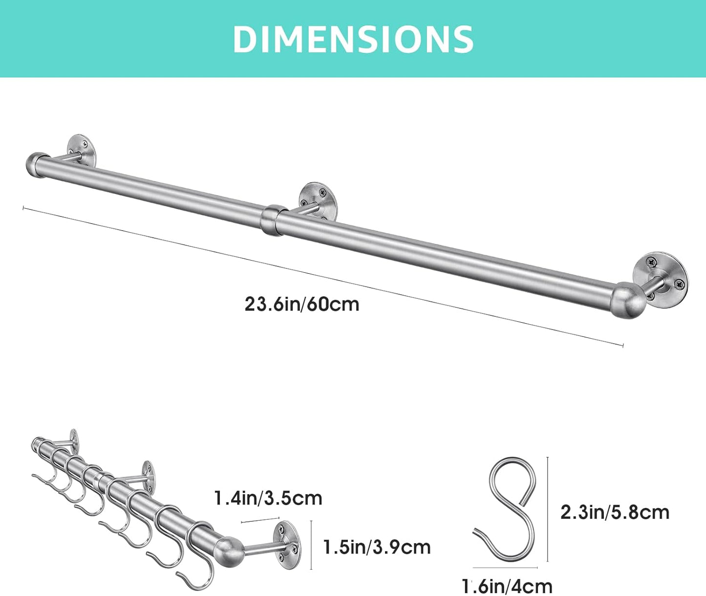 ROTHLEY Stainless Steel Hanging Pot Rack Hanger: 23.7 Inch Pot and Pan Hanger Wall Mounted Hanging Pot Bar Rack Heavy Duty Pot Hangers Kitchen Rail with 8 S Hooks (Brushed)