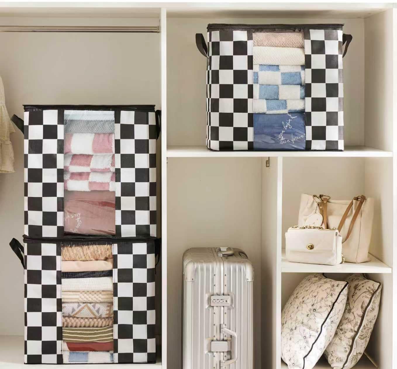 Black and White Checkered Clothes Storage Bins, 100L Large Blanket Storage Bags 3 Pack, Closet Organizers and Storage Containers for Comforters, Bedding, Foldable Organizer with Handle