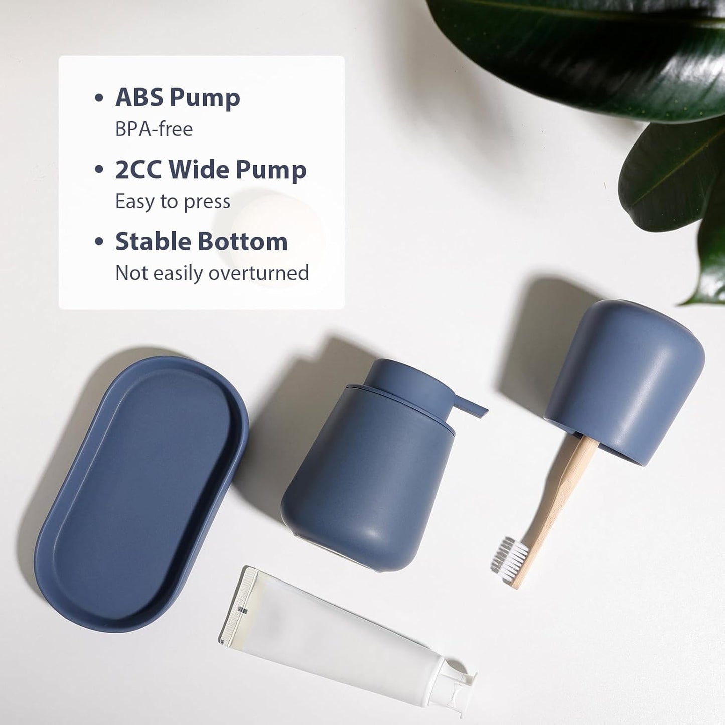 INGOFIN 3 Pcs Ceramic Bathroom Accessory Set - Liquid Soap Dispenser, Toothbrush Holder & Tray, Bathroom Counter Set, Countertop Essentials for Home, Guest Bathroom, or Office Use, Matte Blue