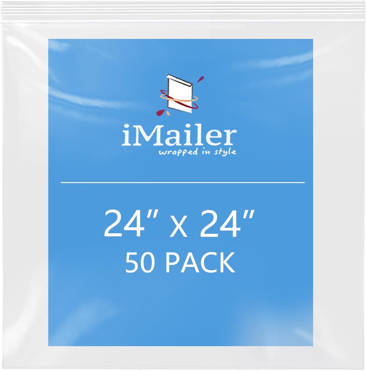 iMailer- 24" x 24" 50 Pack- 2 Mil Resealable Zip Bags- Clear Plastic Bags with Zip Top Lock for Storage, Organizing, Crafts, Travel