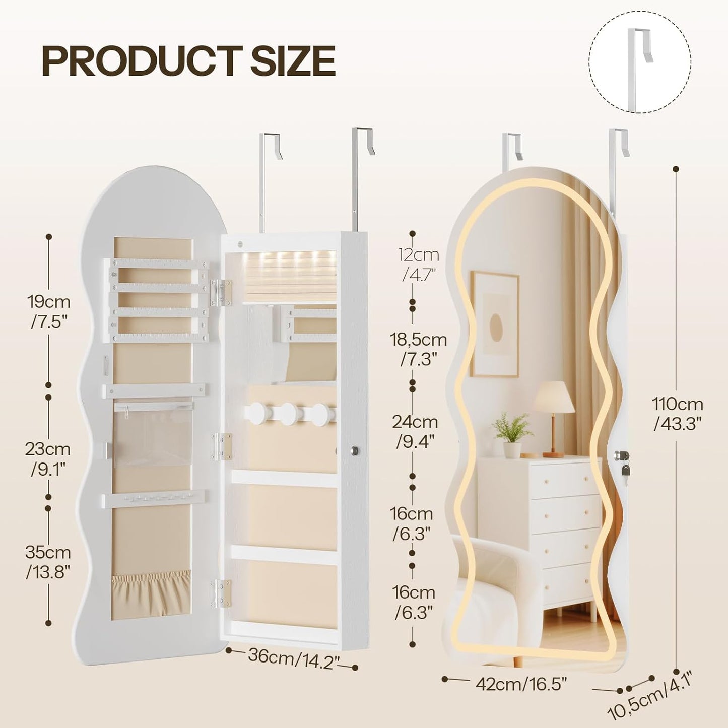 HOOBRO LED Mirror Jewelry Cabinet, Wall/Door Mounted Jewelry Organizer, Jewelry Aromire with Wavy Mirror Full Length, Lockable Cosmetics Storage Cabinet, Interior Mirror, 16.5" x 4.1" x 43.3", White