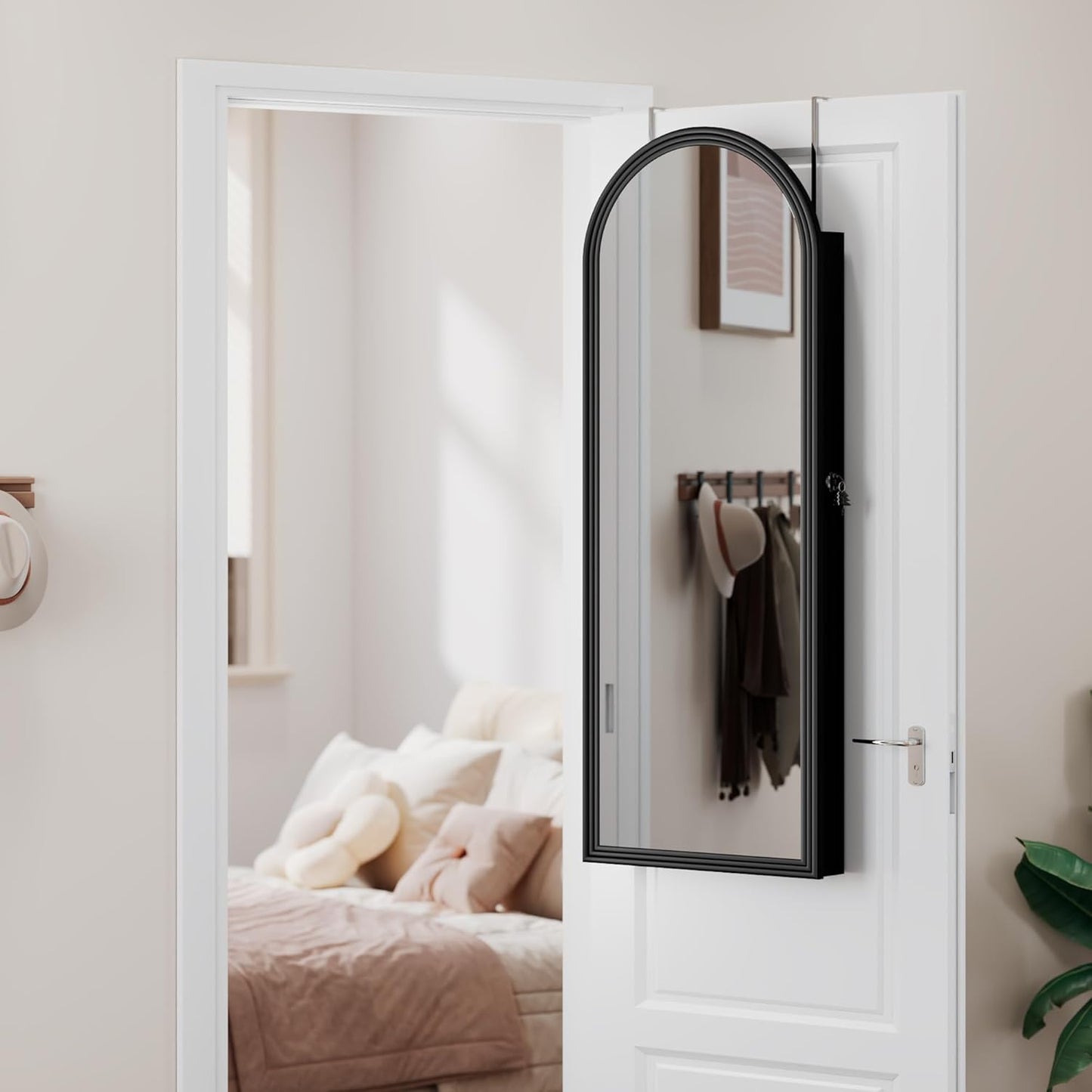 47in Tall Jewelry Cabinet Organizer, Arched Wall or Door Mounted Jewelry Armoire with Full-Length Mirror, 6 LEDS Lockable Hanging Mirror Cabinet with Storage, 2 Drawers, Women Girls Gifts,Black