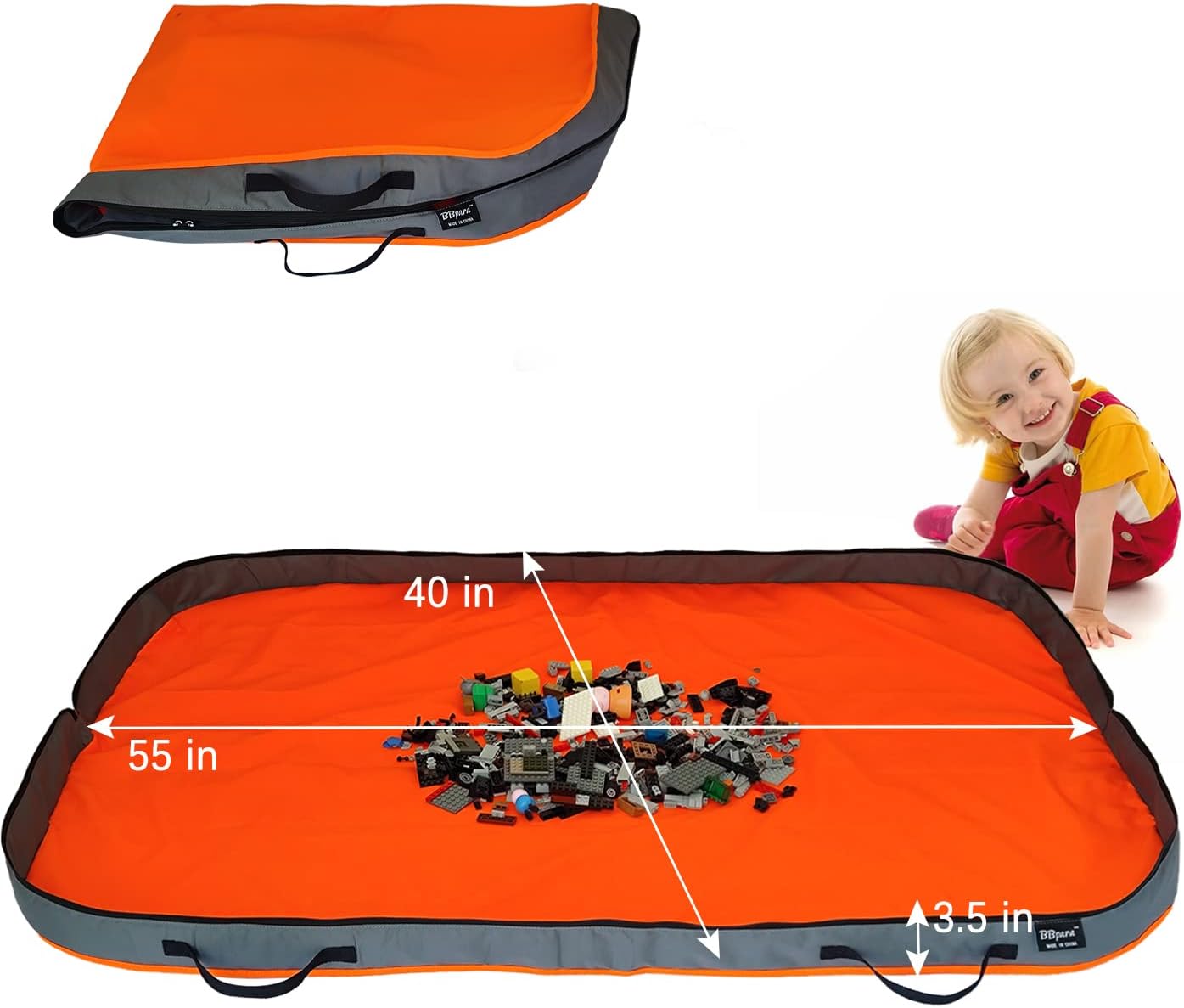 Toy Storage Basket Play Mat for Building Bricks & Blocks - Toy Storage Bags Play Mat with Zipper - Easy use to keep the Kids Rooms neat & tidy - 55 Inches Large size - Orange