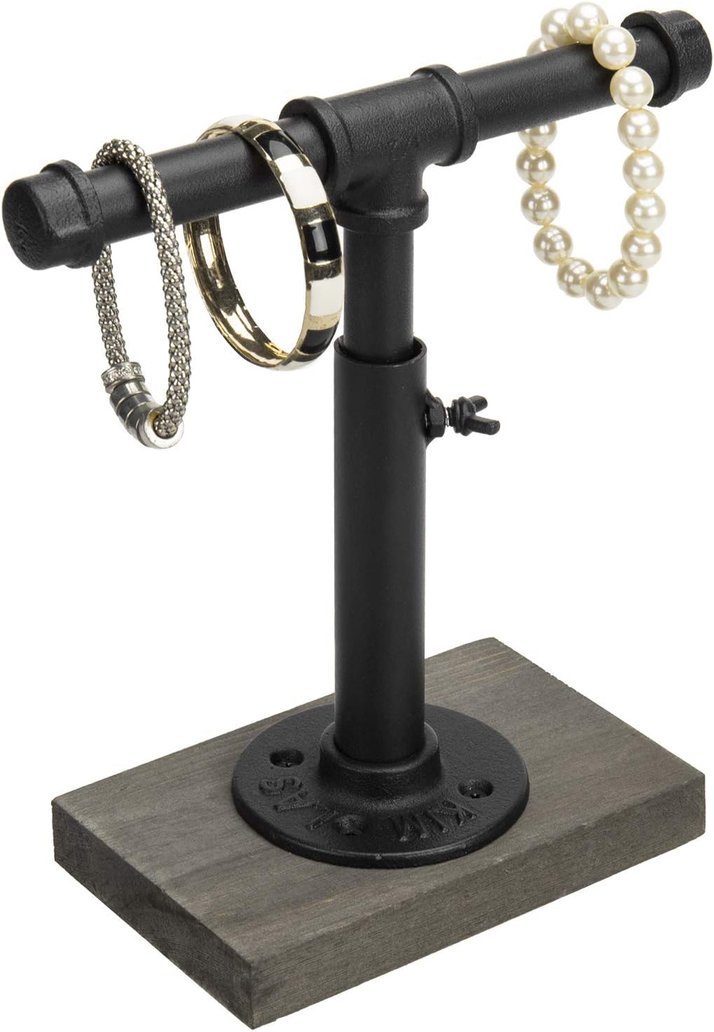 MyGift Adjustable Height Industrial Pipe Organizer Stand - Rustic T-Bar for Jewelry, Headphones, Medals, Kitchen Utensils & Display, Gray Wood Base (Black/Gray, Country Style)