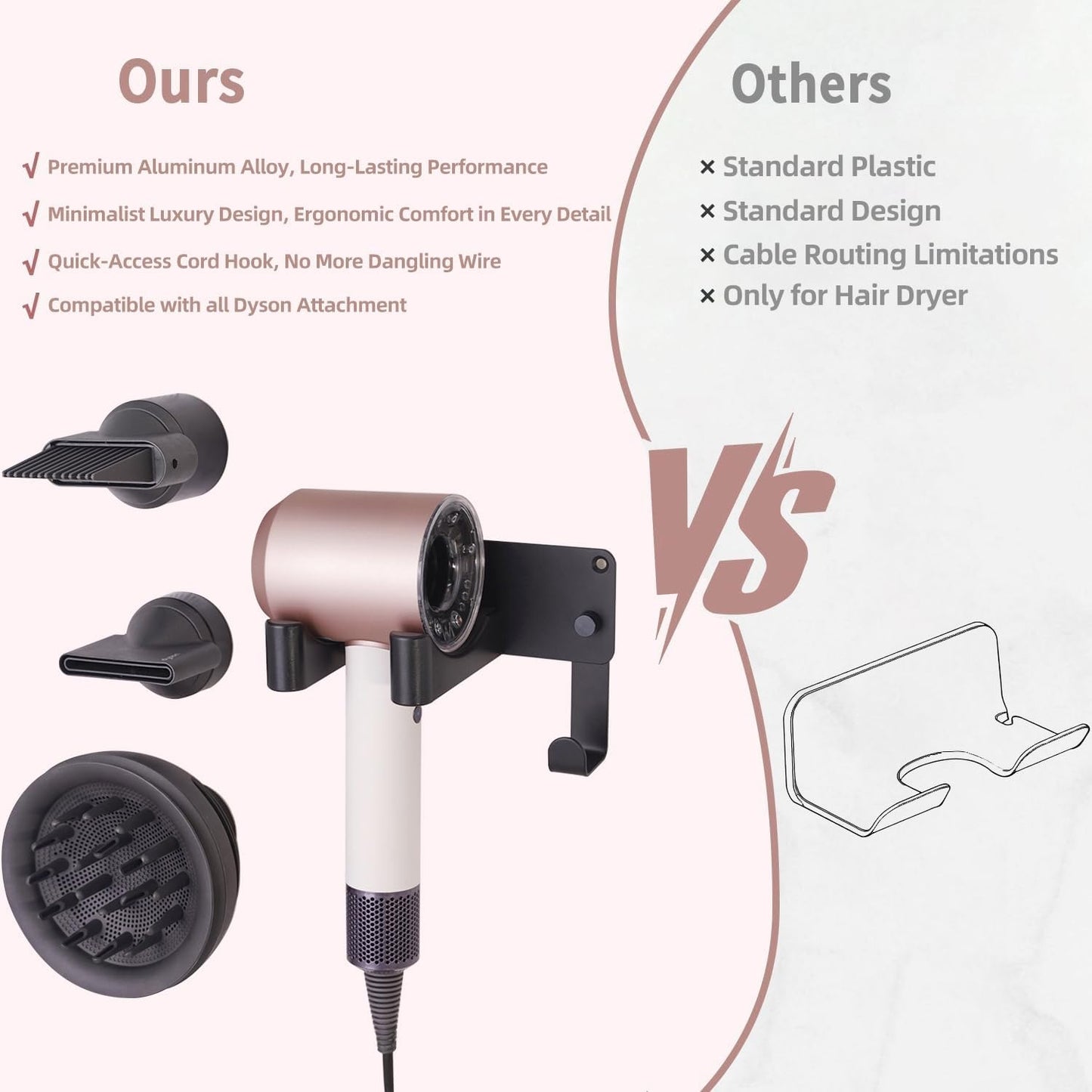 Dyson Hair Dryer Holder, Wall Mounted Aluminum Alloy Hair Dryer Wall Mount for Supersonic/Nural, Dyson Blow Dryer Holder with 3 Magnetic Rings for Salon & Bathroom Black UEMUSI