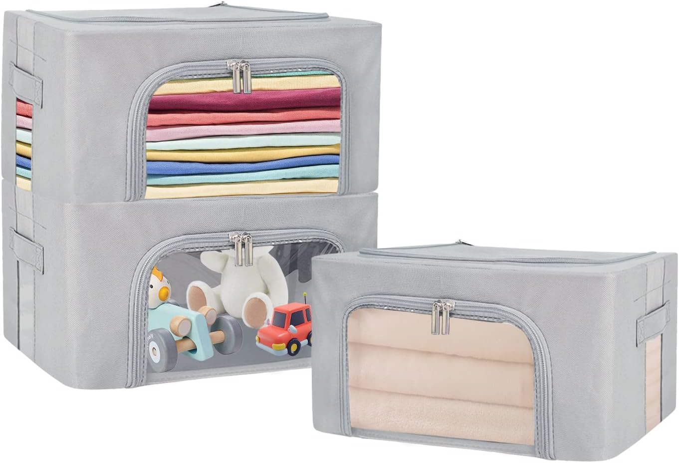 UUBEMM Clothes Storage Bins with Foldable Sturdy Frame,Stackable Storage Box for Closet Shelf Organizers for Seasonal Clothing,Blankets,Towel Bed Sheets,Toys Gift Others (Small -22L x3PACK, Grey)