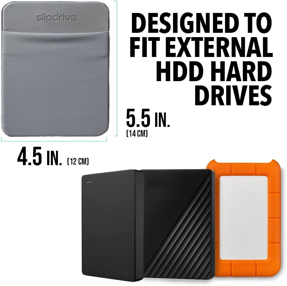 Slipdrive - Portable Hard Drive Sleeve for Laptop - HDD Hard Disk Drive - Reusable Adhesive - 5.5” x 4.5” Stick on External Hard Drive Carrying Case - Travel Pocket Pouch (Large, Gray)