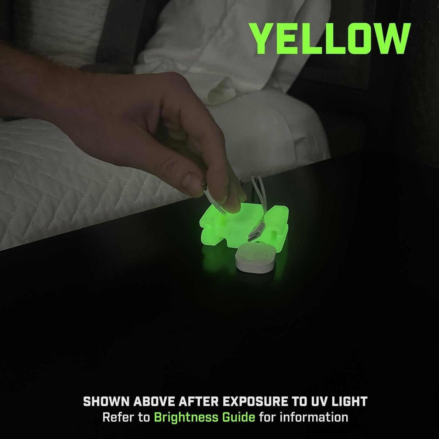 GlowBrick Stocking Stuffers for Adults Cord Management Weighted Cord Holder Cable Wrap Phone Stand - Glow-in-The-Dark Gadget Organizer for Nightstand. Gift for Men, Silicone. 4pk Yellow Glow