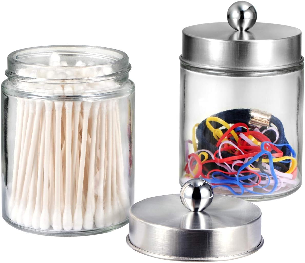 Amolliar Apothecary Jars Bathroom Vanity Organizer -Countertop Canister Jar with Storage Lid - Qtip Dispenser Holder Glass for Qtips,Cotton Swabs,Makeup Sponges,Hair Band - Brushed Nickel (2 Pack)