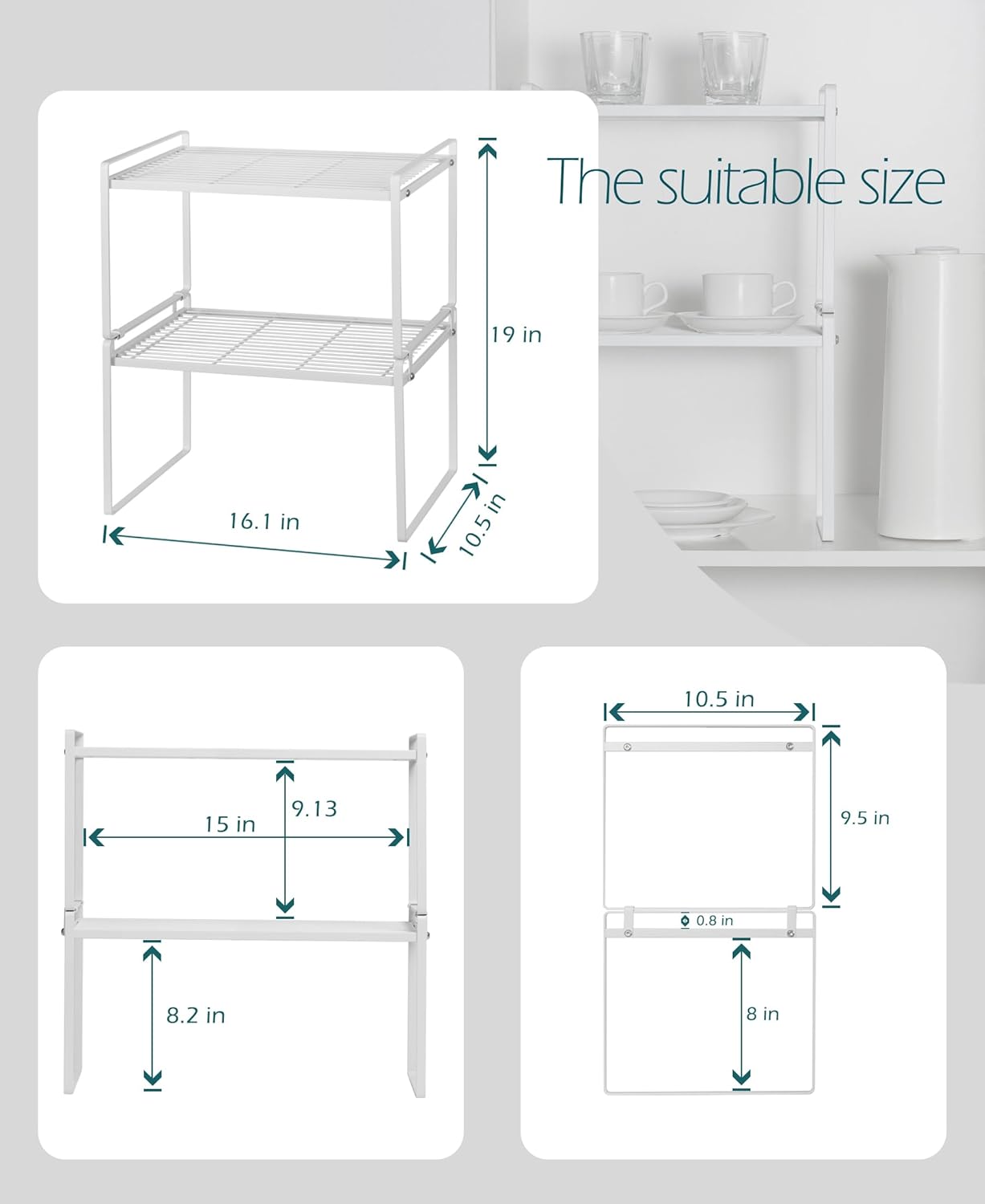 2Pack Kitchen Cabinet Shelf Counter Organizer Rack Pantry Storage Bathroom Bedroom Office Table Desk Space Saving Stackable Rust Resistant Non Slip White Tall Wide L16.1in W10.6in H9.5in
