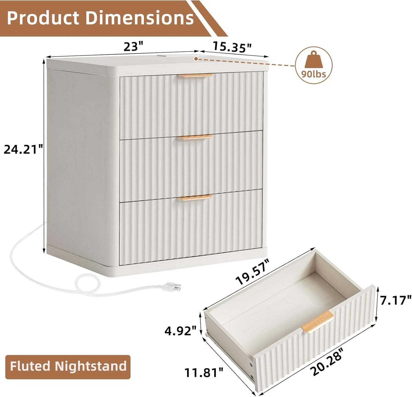 LEYAOYAO 23" Wide Fluted Night Stand with Charging Station,3 Drawers Large End Table with Storage,White Nightstand Wood Bedside Tables, Farmhouse Cabinet Dresser for Bedroom,Closet