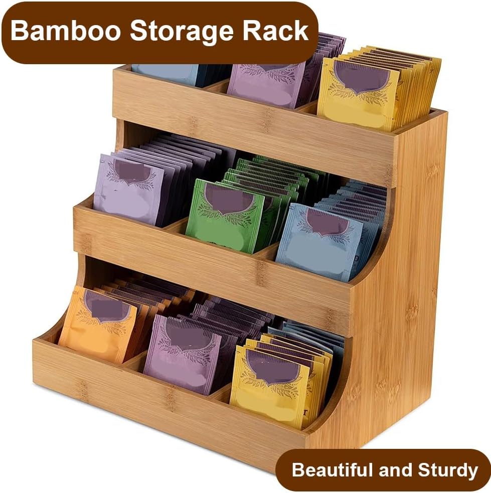 Bamboo Tea Bag Organizer, Practical Tea Bag Holder, Compact Coffee Pod Holder Fits Sugar Packets, Sweeteners, Creamers, Multi-purpose Storage Rack for Home, Kitchen, Office